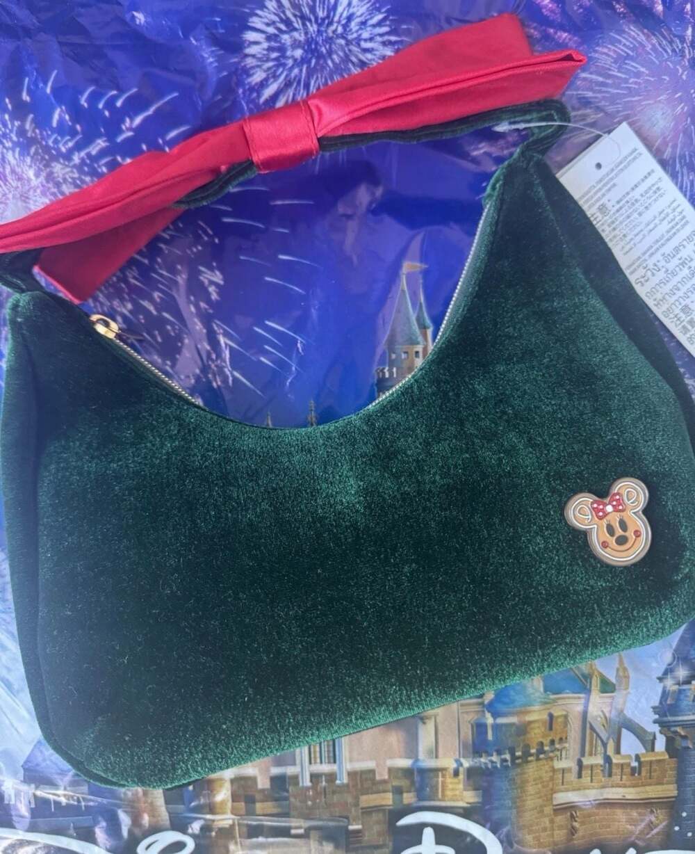 Disney Parks Gingerbread Minnie Mouse Holiday Velvet Bow Green Shoulder Bag - Picture 5 of 6